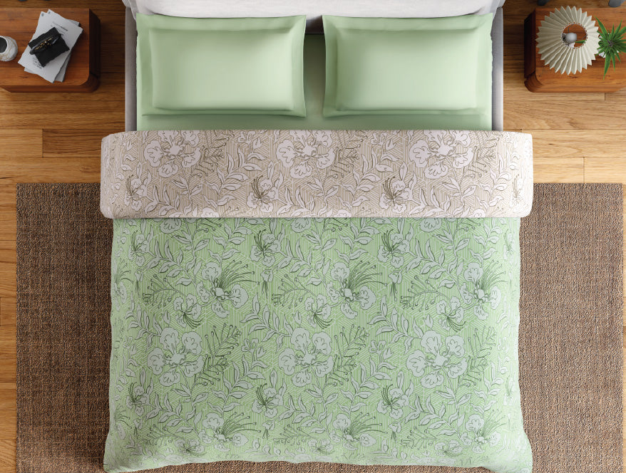 Spaces Fiora 100% Cotton 144 TC Percale Floral Permium Double Duvet Cover, Light Green