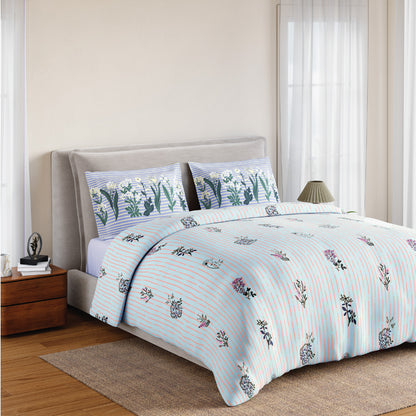 Spaces Flora 100% Cotton 144 TC Percale Floral Fitted King Sheet with 2 Pillow Covers, Light Yellow