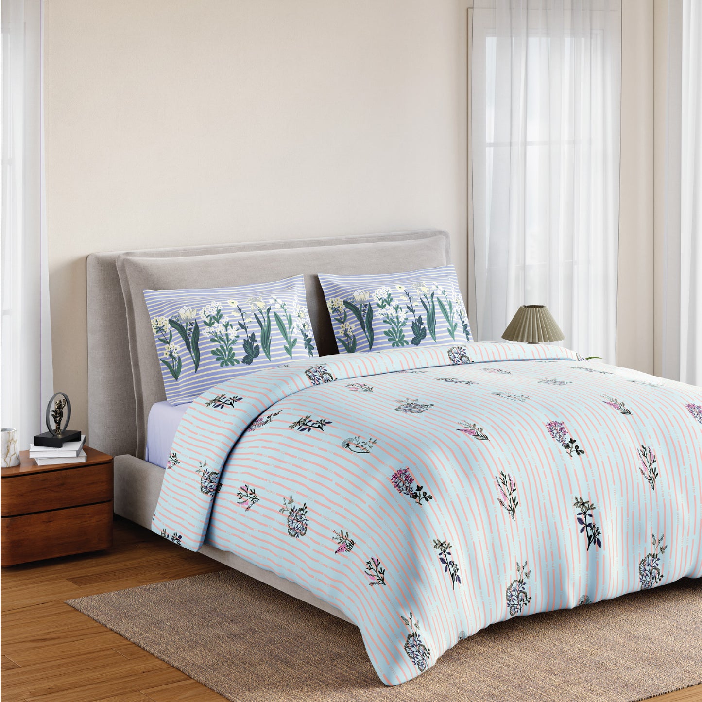 Spaces Flora 100% Cotton 144 TC Percale Floral Fitted King Sheet with 2 Pillow Covers, Light Blue