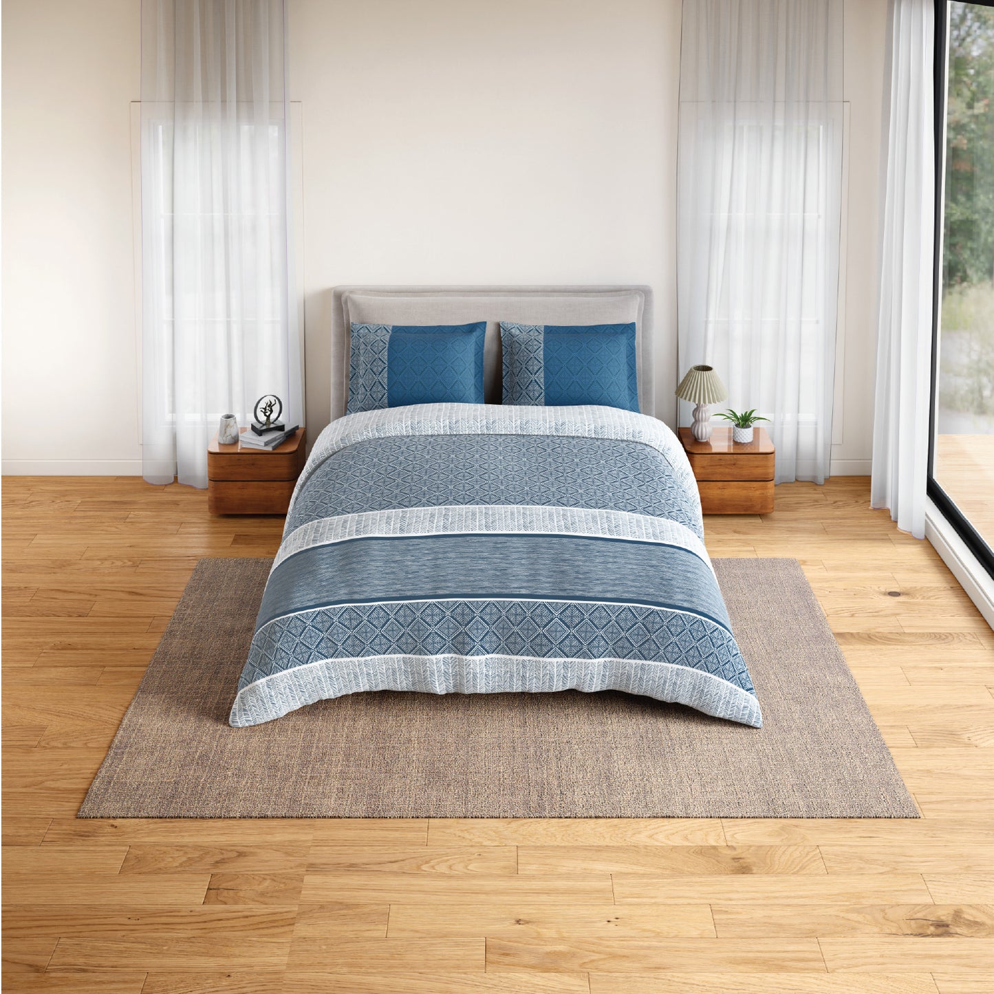 Spaces Flora 100% Cotton 144 TC Percale Geometric Fitted King Sheet with 2 Pillow Covers, Dark Blue