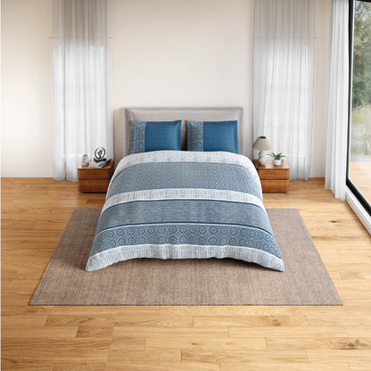 Spaces Flora 100% Cotton 144 TC Percale Geometric Fitted King Sheet with 2 Pillow Covers, Dark Blue