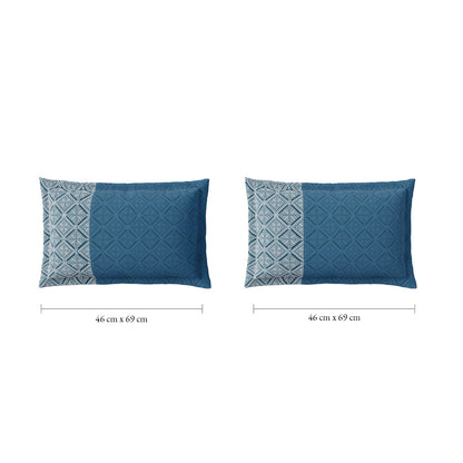 Spaces Flora 100% Cotton 144 TC Percale Geometric Fitted King Sheet with 2 Pillow Covers, Dark Blue