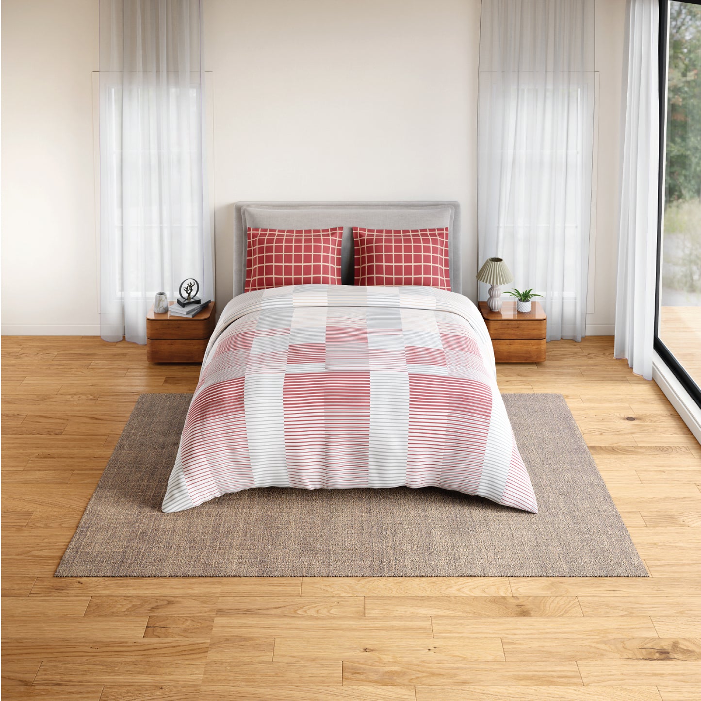 Spaces Flora 100% Cotton 144 TC Percale Geometric Fitted King Sheet with 2 Pillow Covers, Dark Pink