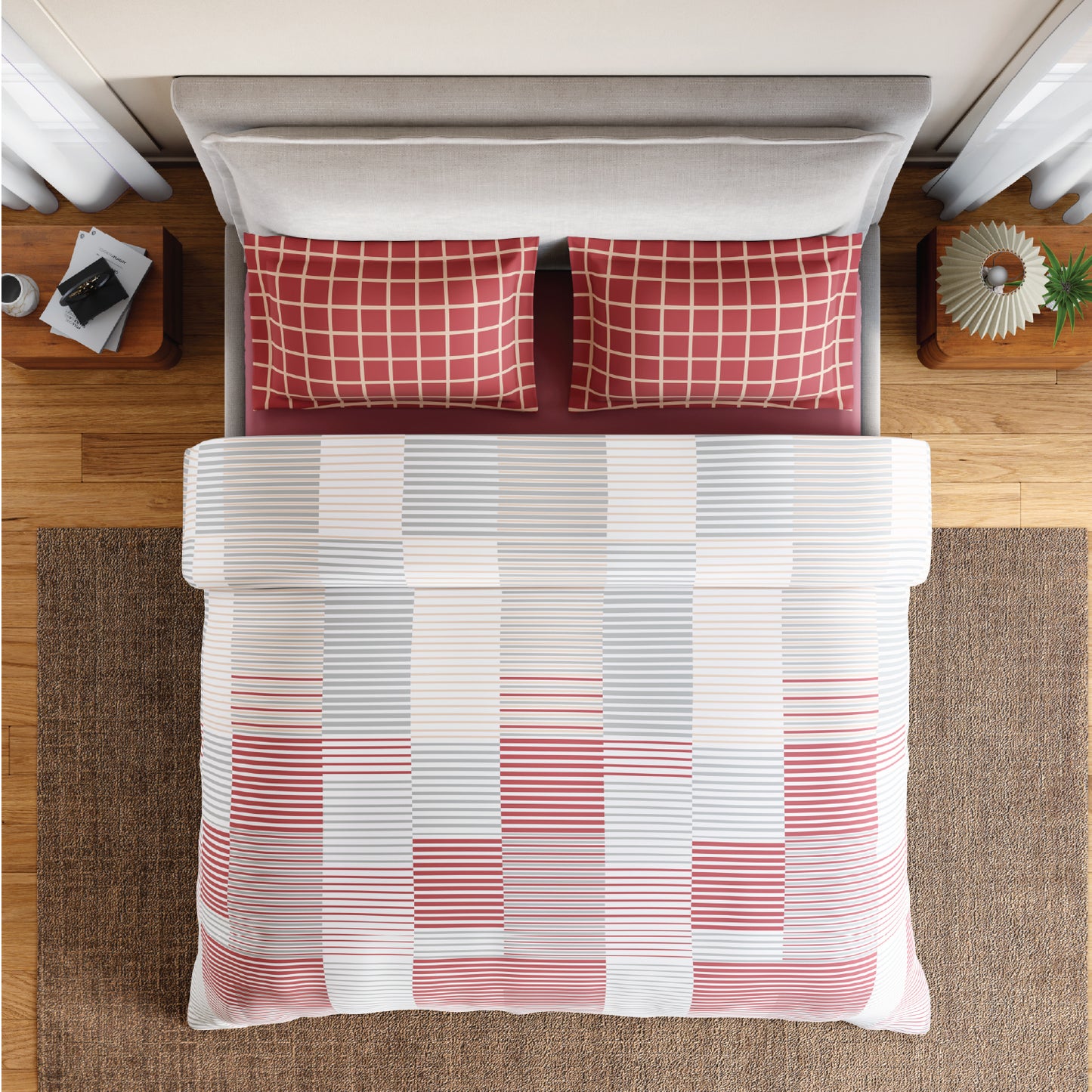 Spaces Flora 100% Cotton 144 TC Percale Geometric Fitted King Sheet with 2 Pillow Covers, Dark Pink