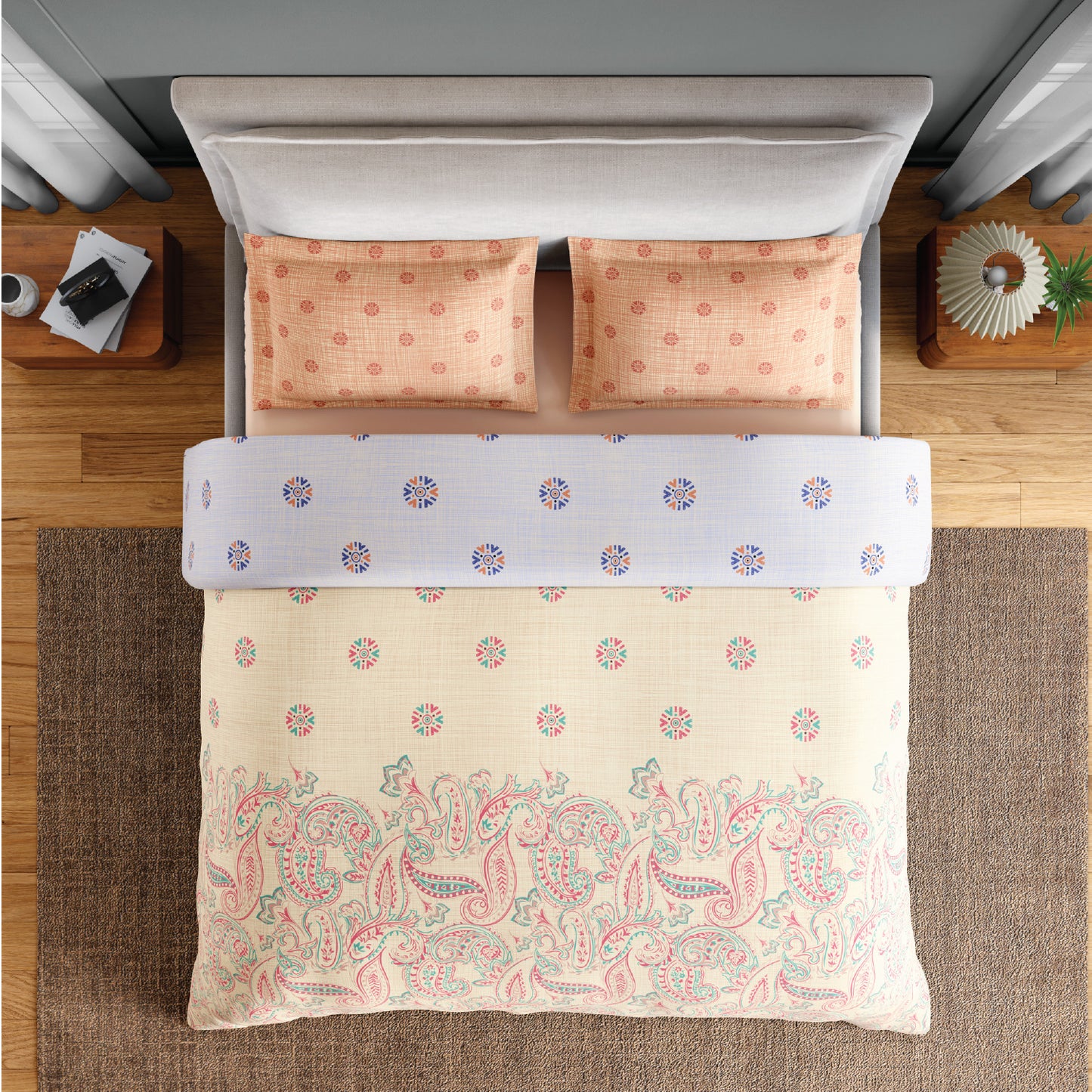Spaces Flora 100% Cotton 144 TC Percale Ornate Fitted King Sheet with 2 Pillow Covers, Light Yellow