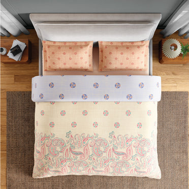 Spaces Flora 100% Cotton 144 TC Percale Ornate Fitted King Sheet with 2 Pillow Covers, After Glow