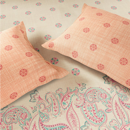 Spaces Flora 100% Cotton 144 TC Percale Ornate Fitted King Sheet with 2 Pillow Covers, Light Yellow