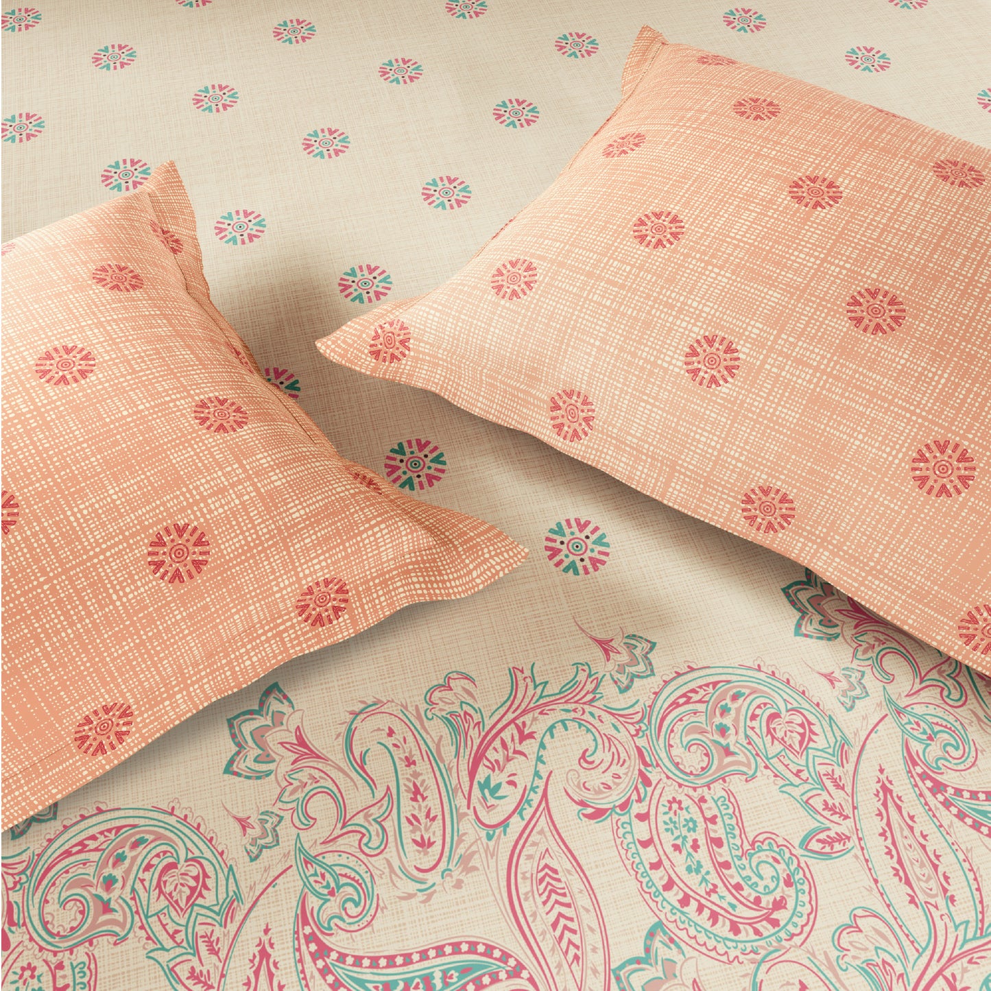 Spaces Flora 100% Cotton 144 TC Percale Ornate Fitted King Sheet with 2 Pillow Covers, After Glow