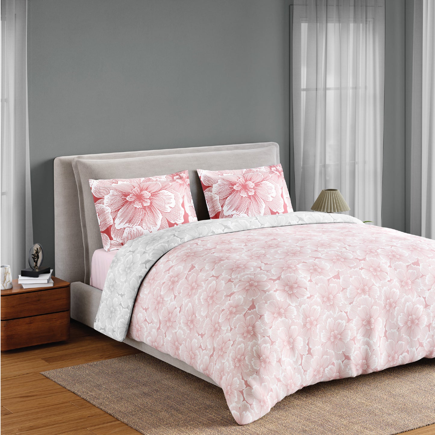 Spaces Flora 100% Cotton 144 TC Percale Floral Fitted King Sheet with 2 Pillow Covers, Blush