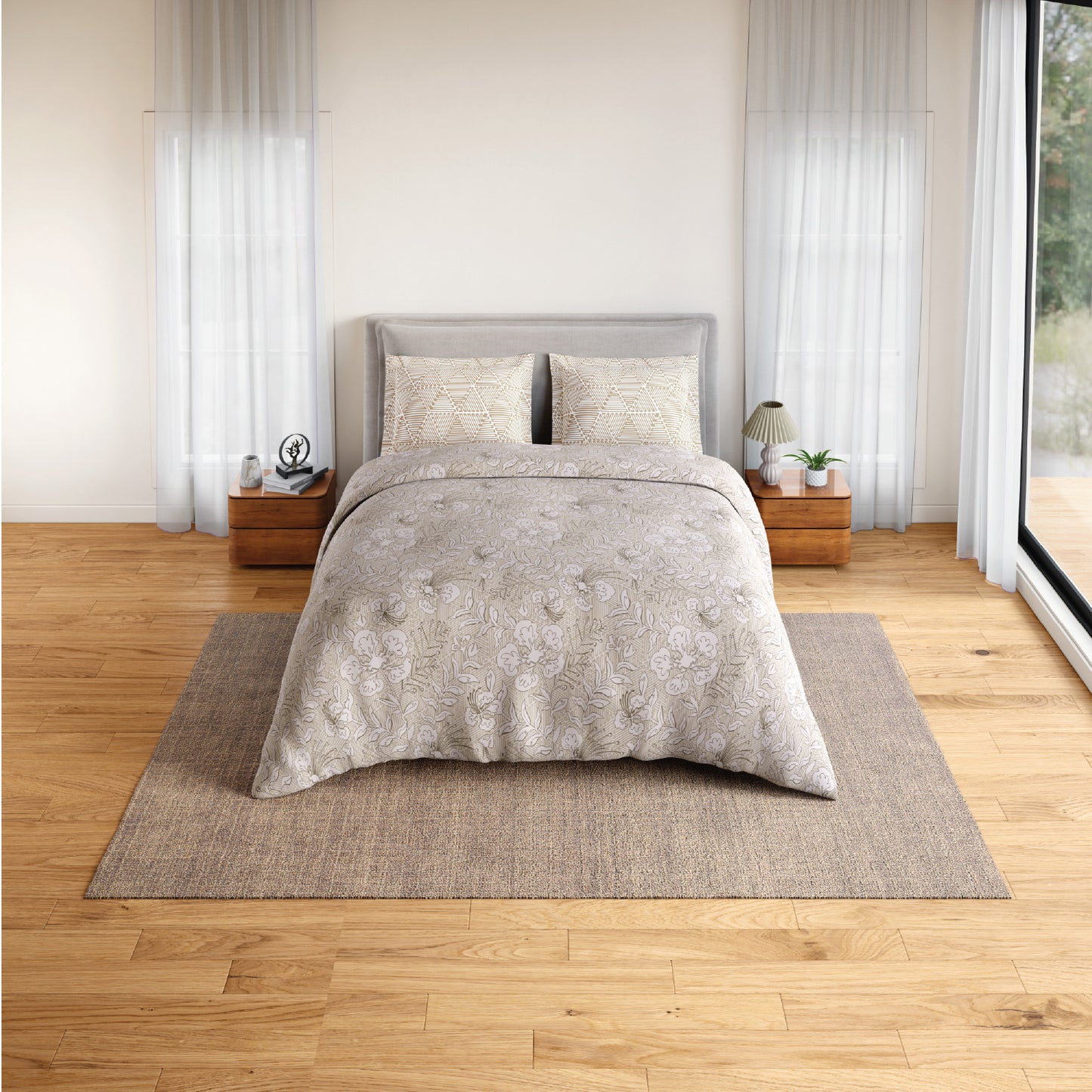 Spaces Flora 100% Cotton 144 TC Percale Floral Fitted King Sheet with 2 Pillow Covers, Beige