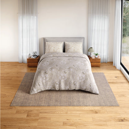 Spaces Flora 100% Cotton 144 TC Percale Floral Fitted King Sheet with 2 Pillow Covers, Beige