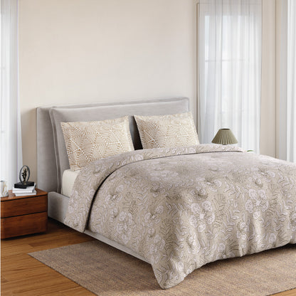 Spaces Flora 100% Cotton 144 TC Percale Floral Fitted King Sheet with 2 Pillow Covers, Beige