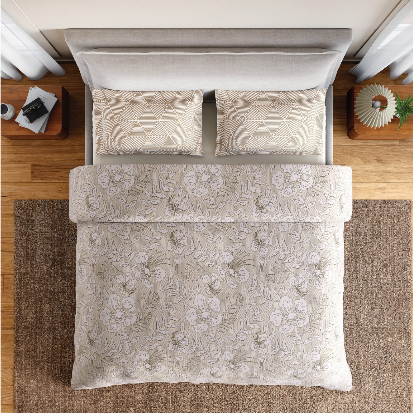 Spaces Flora 100% Cotton 144 TC Percale Floral Fitted King Sheet with 2 Pillow Covers, Beige