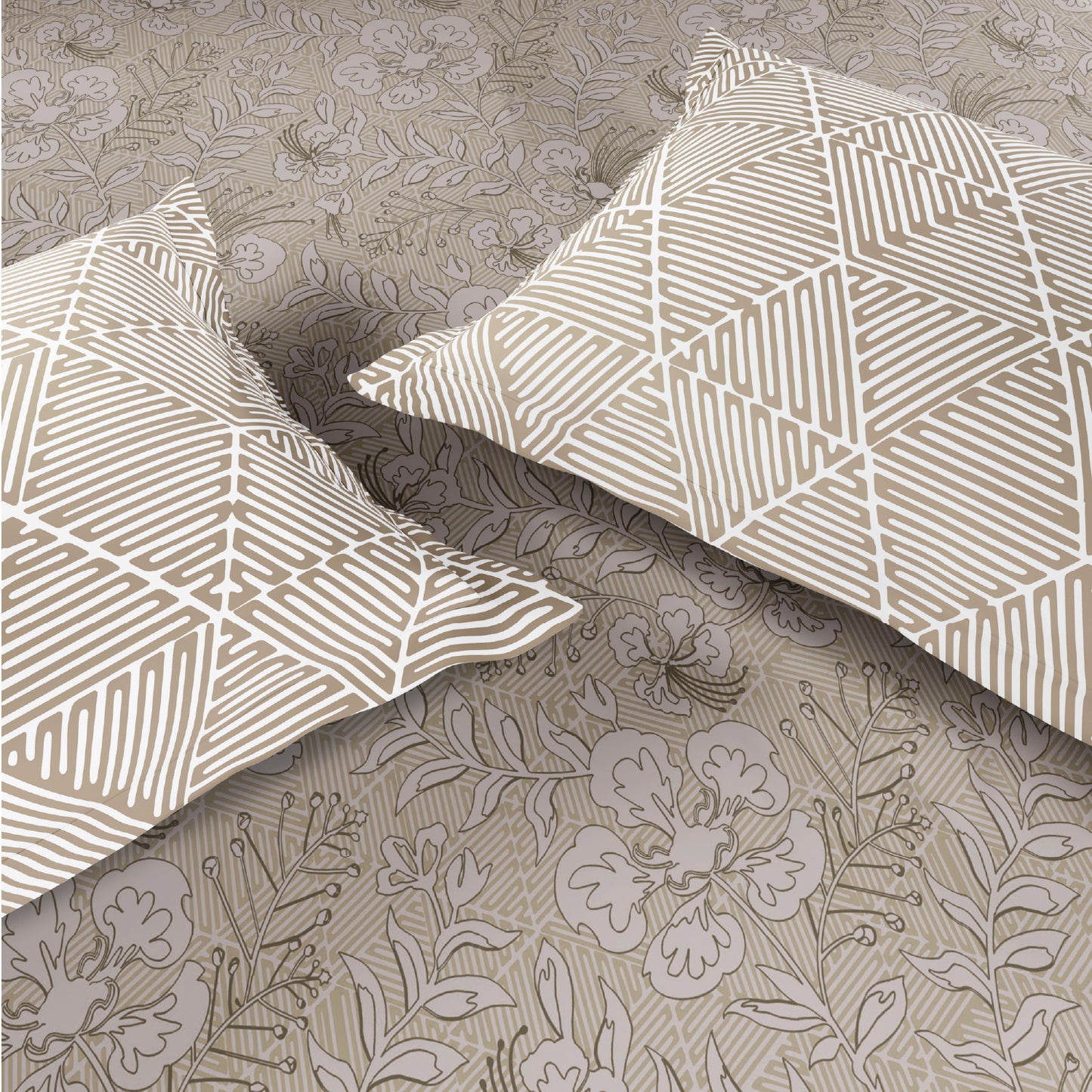 Spaces Flora 100% Cotton 144 TC Percale Floral Fitted King Sheet with 2 Pillow Covers, Beige