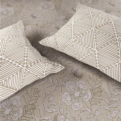 Spaces Flora 100% Cotton 144 TC Percale Floral Fitted King Sheet with 2 Pillow Covers, Beige
