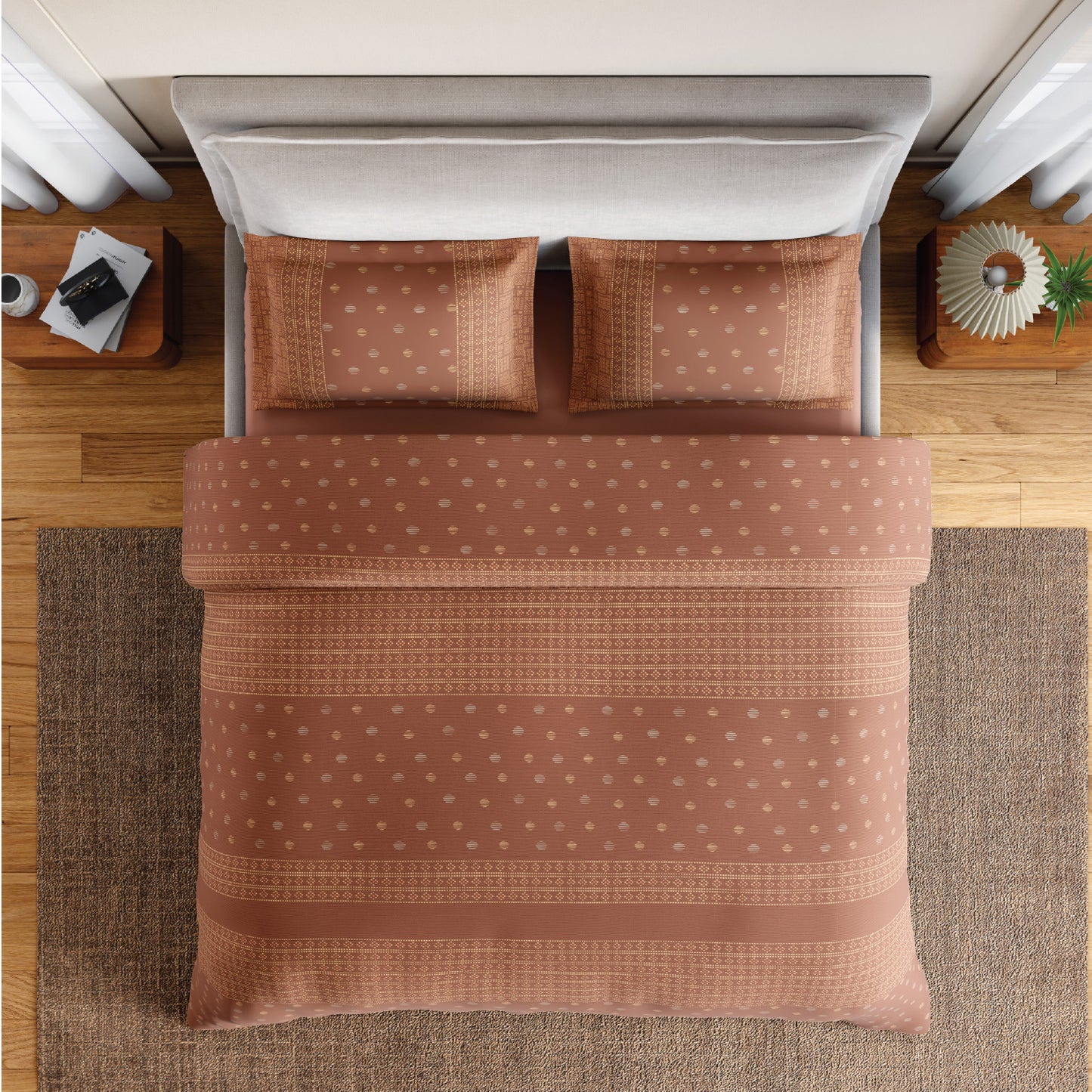 Spaces Flora 100% Cotton 144 TC Percale Ornate Fitted King Sheet with 2 Pillow Covers, Brown