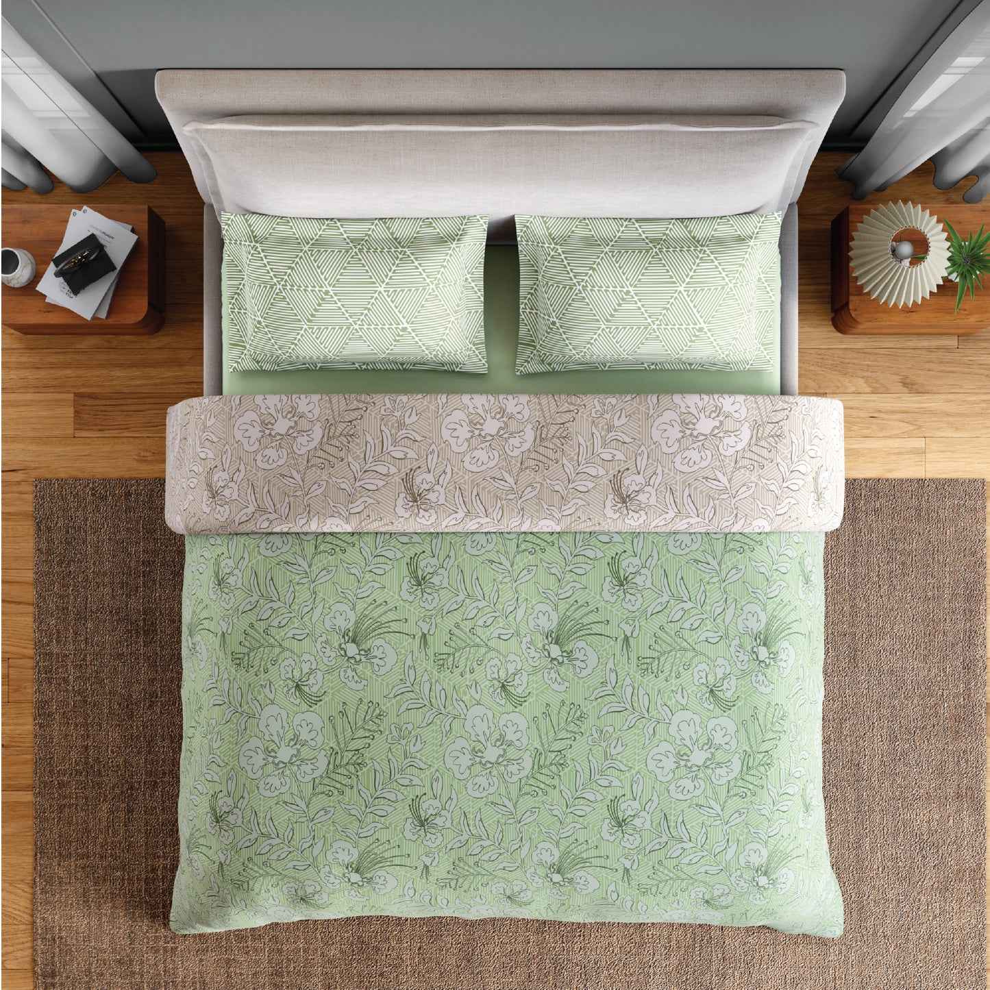 Spaces Flora 100% Cotton 144 TC Percale Floral Fitted King Sheet with 2 Pillow Covers, Light Green