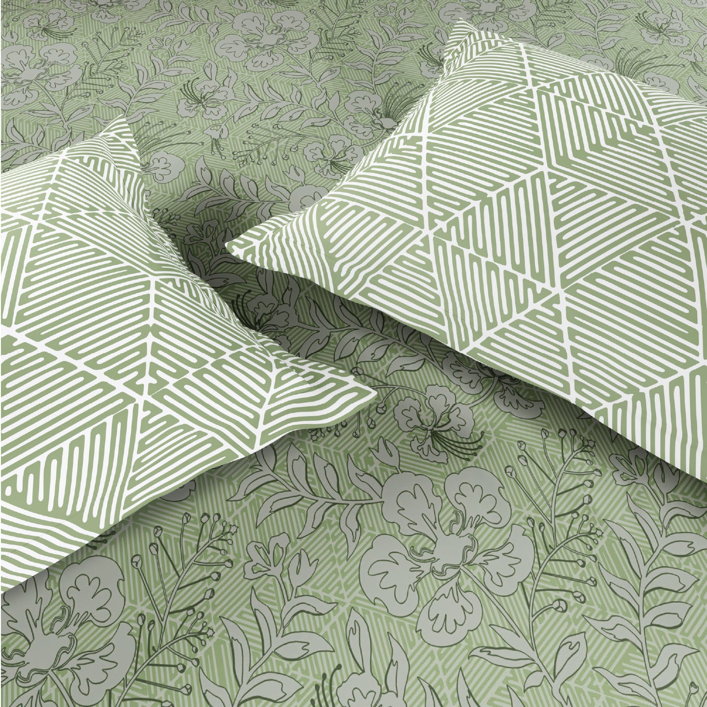 Spaces Flora 100% Cotton 144 TC Percale Floral Fitted King Sheet with 2 Pillow Covers, Light Green