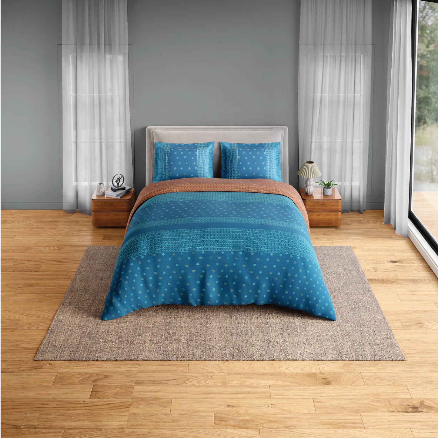 Spaces Flora 100% Cotton 144 TC Percale Ornate Fitted King Sheet with 2 Pillow Covers, Blue
