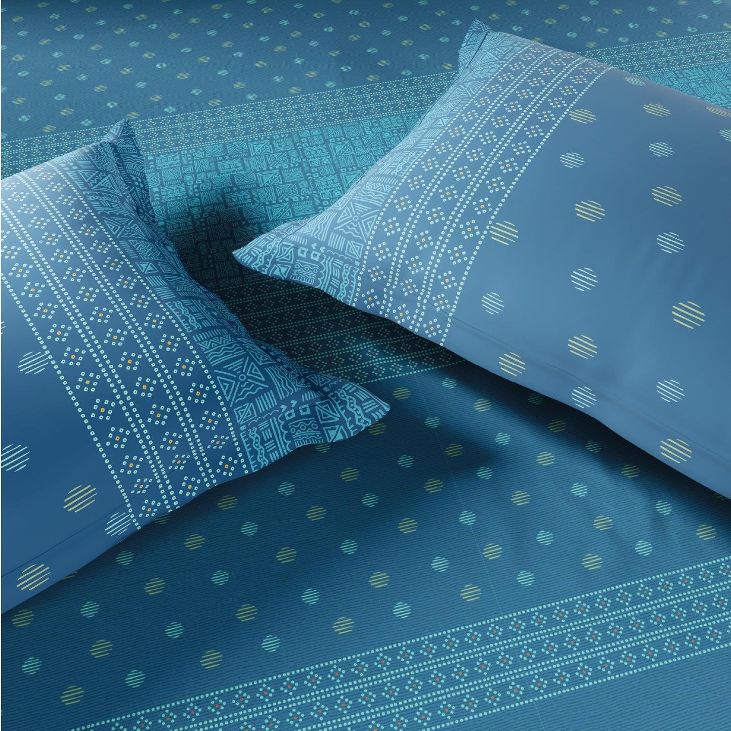 Spaces Flora 100% Cotton 144 TC Percale Ornate Fitted King Sheet with 2 Pillow Covers, Blue