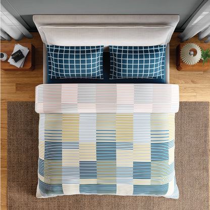 Spaces Flora 100% Cotton 144 TC Percale Geometric Fitted Queen Sheet with 2 Pillow Covers, Light Yellow