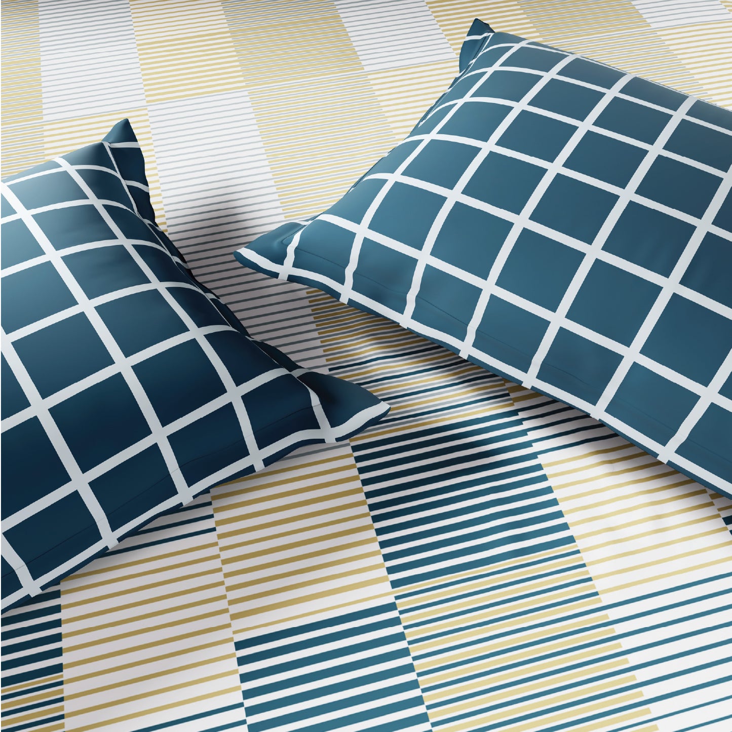 Spaces Flora 100% Cotton 144 TC Percale Geometric Fitted Queen Sheet with 2 Pillow Covers, Light Yellow