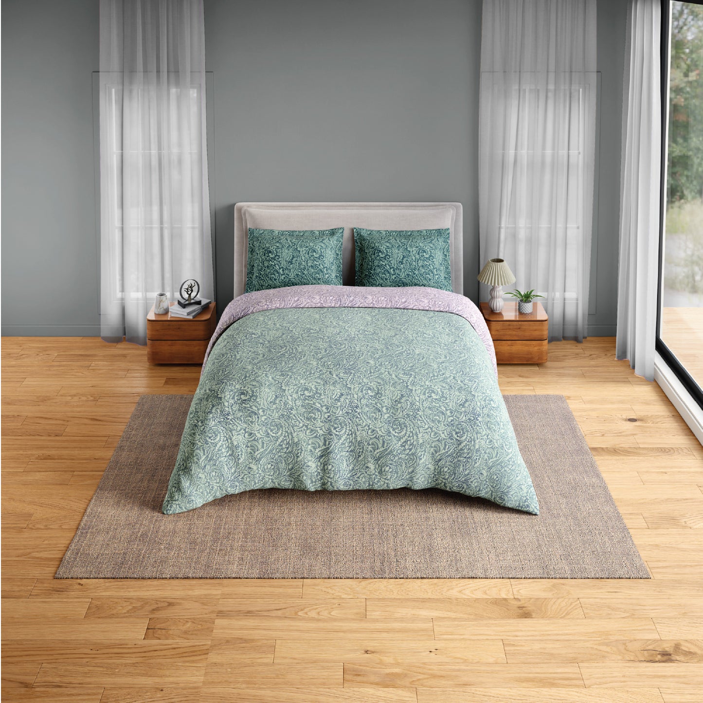 Spaces Flora 100% Cotton 144 TC Percale Floral Fitted Queen Sheet with 2 Pillow Covers, Light Green