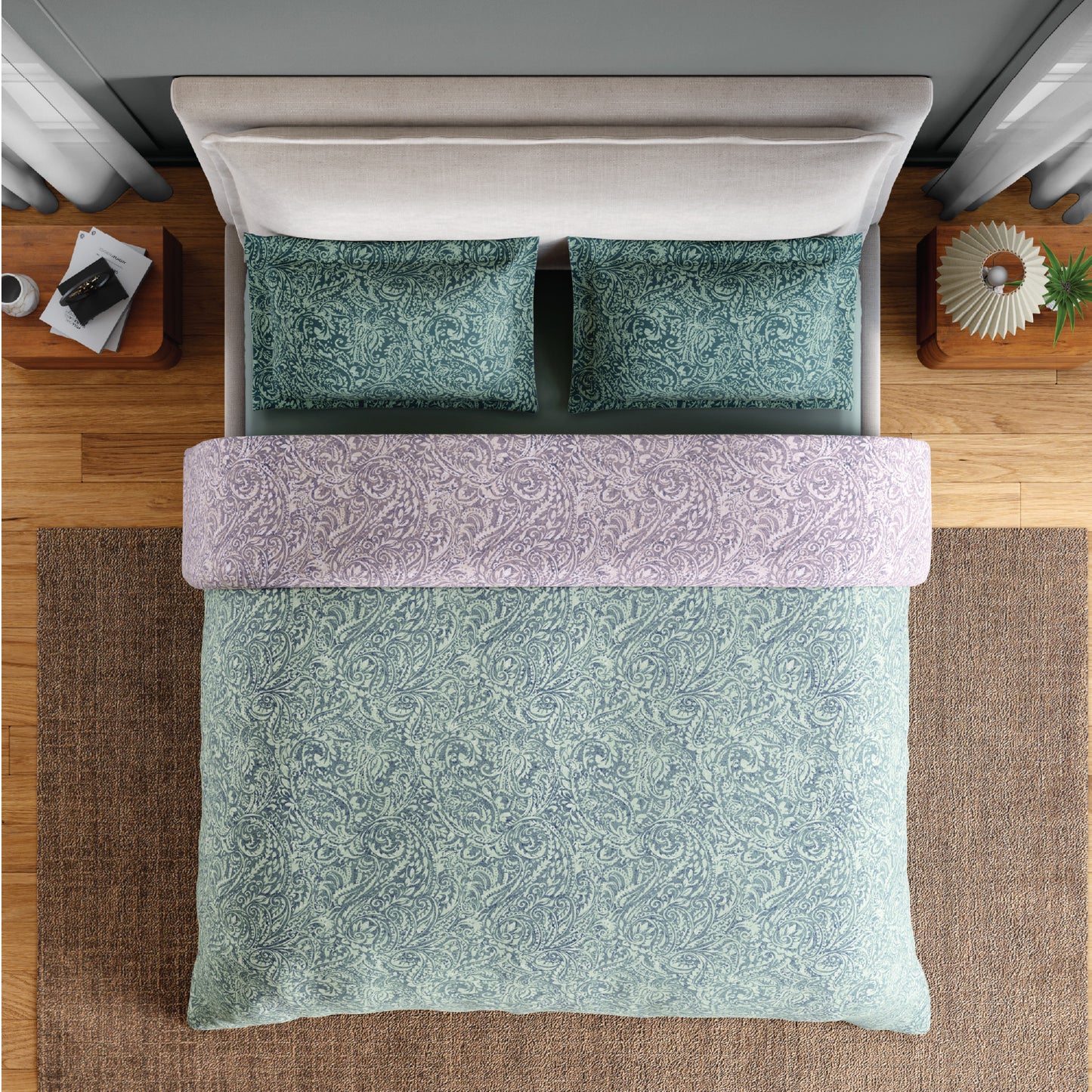 Spaces Flora 100% Cotton 144 TC Percale Floral Fitted Queen Sheet with 2 Pillow Covers, Light Green
