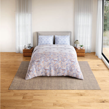 Spaces Flora 100% Cotton 144 TC Percale Geometric Fitted Queen Sheet with 2 Pillow Covers, Orange