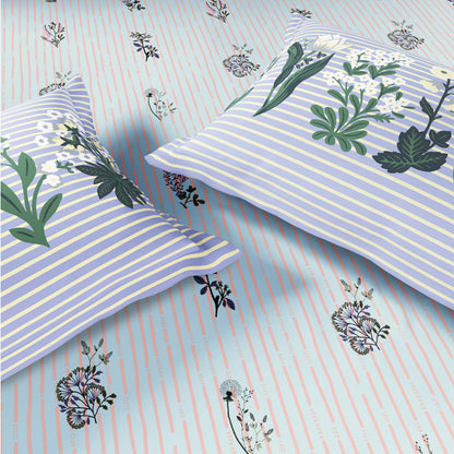 Spaces Flora 100% Cotton 144 TC Percale Floral Fitted Queen Sheet with 2 Pillow Covers, Light Blue