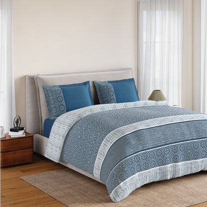 Spaces Flora 100% Cotton 144 TC Percale Geometric Fitted Queen Sheet with 2 Pillow Covers, Dark Blue