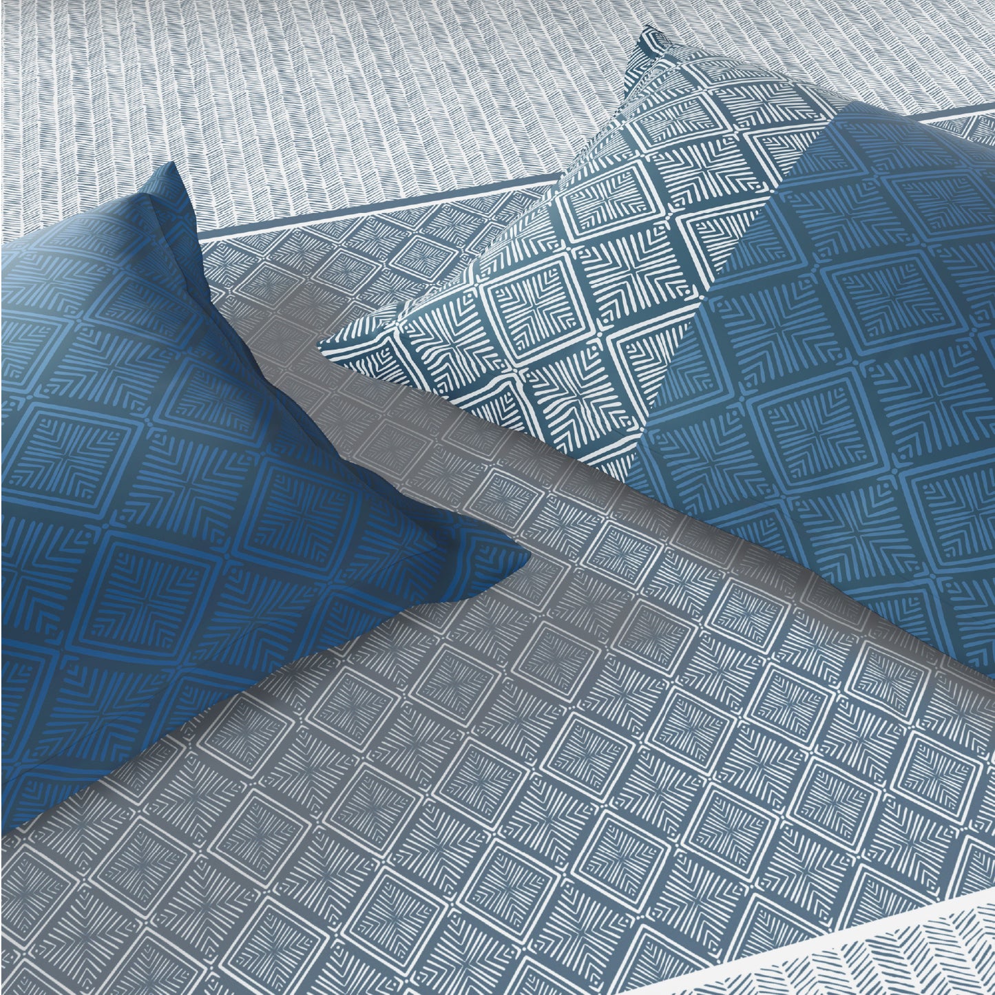 Spaces Flora 100% Cotton 144 TC Percale Geometric Fitted Queen Sheet with 2 Pillow Covers, Dark Blue