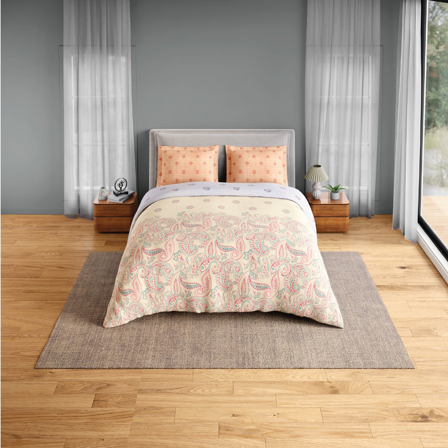 Spaces Flora 100% Cotton 144 TC Percale Geometric Fitted Queen Sheet with 2 Pillow Covers, Light Yellow