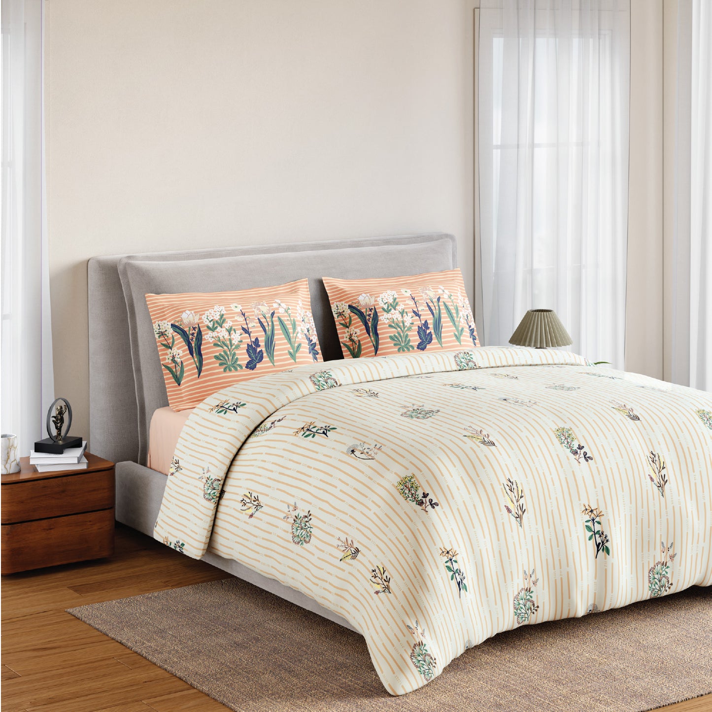 Spaces Flora 100% Cotton 144 TC Percale Floral Fitted Queen Sheet with 2 Pillow Covers, Beige
