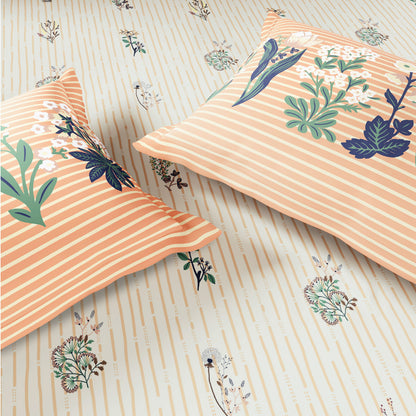 Spaces Flora 100% Cotton 144 TC Percale Floral Fitted Queen Sheet with 2 Pillow Covers, Beige