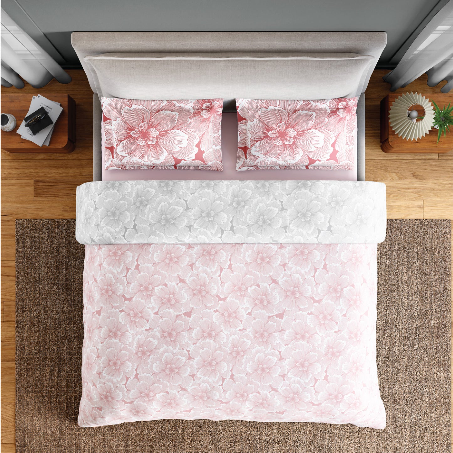 Spaces Flora 100% Cotton 144 TC Percale Floral Fitted Queen Sheet with 2 Pillow Covers, Blush