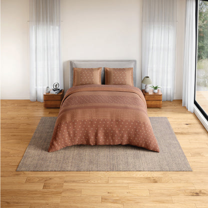 Spaces Flora 100% Cotton 144 TC Percale Geometric Fitted Queen Sheet with 2 Pillow Covers, Brown