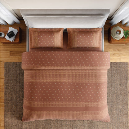 Spaces Flora 100% Cotton 144 TC Percale Geometric Fitted Queen Sheet with 2 Pillow Covers, Brown