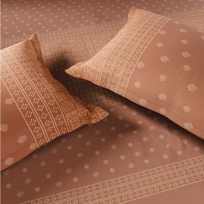 Spaces Flora 100% Cotton 144 TC Percale Geometric Fitted Queen Sheet with 2 Pillow Covers, Brown