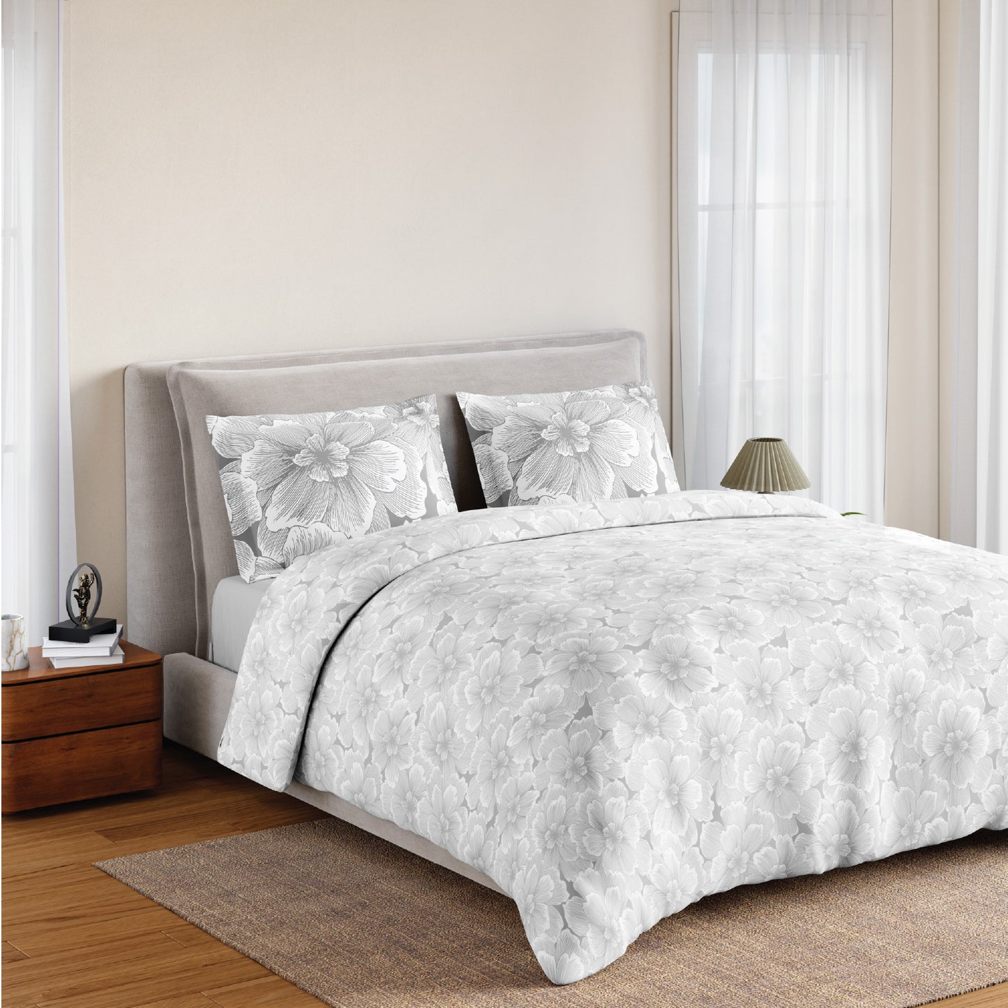 Spaces Flora 100% Cotton 144 TC Percale Floral Fitted Queen Sheet with 2 Pillow Covers, Light Grey