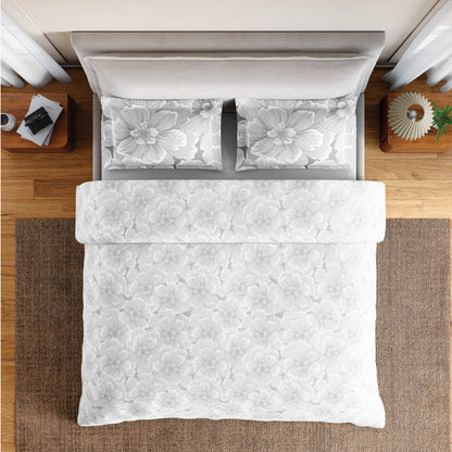 Spaces Flora 100% Cotton 144 TC Percale Floral Fitted Queen Sheet with 2 Pillow Covers, Light Grey