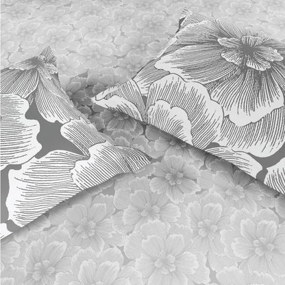 Spaces Flora 100% Cotton 144 TC Percale Floral Fitted Queen Sheet with 2 Pillow Covers, Light Grey