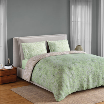 Spaces Flora 100% Cotton 144 TC Percale Floral Fitted Queen Sheet with 2 Pillow Covers, Light Green