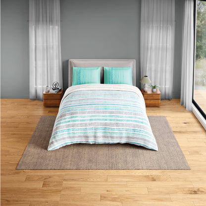 Spaces Flora 100% Cotton 144 TC Percale Geometric Fitted Queen Sheet with 2 Pillow Covers, Aqua