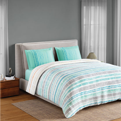 Spaces Flora 100% Cotton 144 TC Percale Geometric Fitted Queen Sheet with 2 Pillow Covers, Aqua
