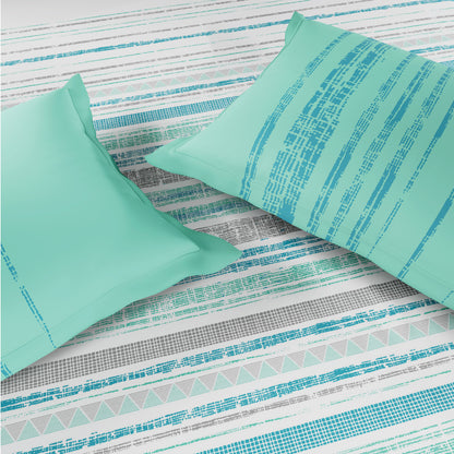 Spaces Flora 100% Cotton 144 TC Percale Geometric Fitted Queen Sheet with 2 Pillow Covers, Aqua