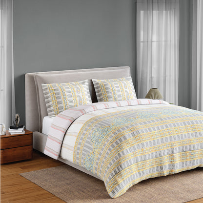 Spaces Flora 100% Cotton 144 TC Percale Geometric Fitted Queen Sheet with 2 Pillow Covers, Light Grey