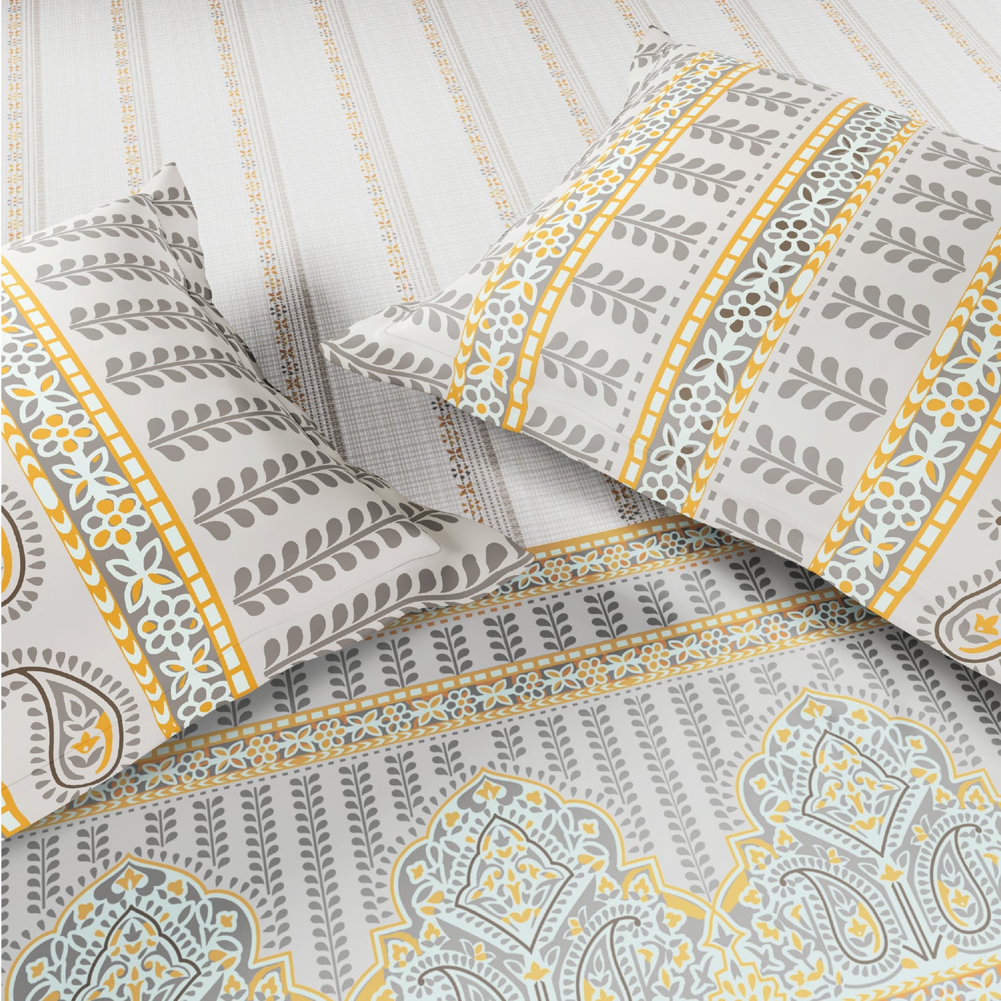 Spaces Flora 100% Cotton 144 TC Percale Geometric Fitted Queen Sheet with 2 Pillow Covers, Light Grey