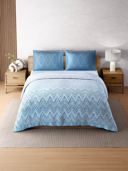 Zera Hygro Cotton 233 TC Percale Geometric Design Double Bedsheet with 2 Pillow Covers, Light Blue