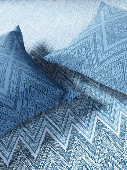 Zera Hygro Cotton 233 TC Percale Geometric Design Double Bedsheet with 2 Pillow Covers, Light Blue